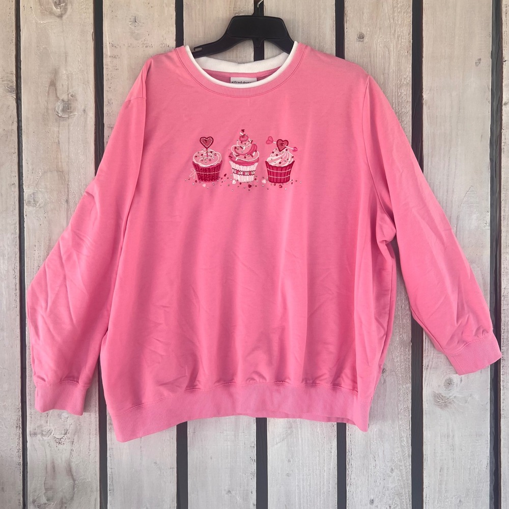 Alfred Dunner Cupcake Sweatshirt Women 3X Pink Good Embroidered Sequin Heart